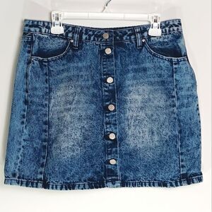 REFUGE Women’s Acid Wash Button Down Denim Jean Mini Skirt Large 2000s